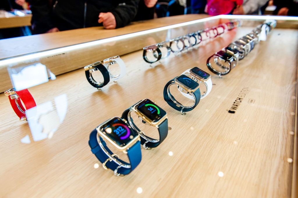 Apple Watch smartwatches displayed at an Apple Store